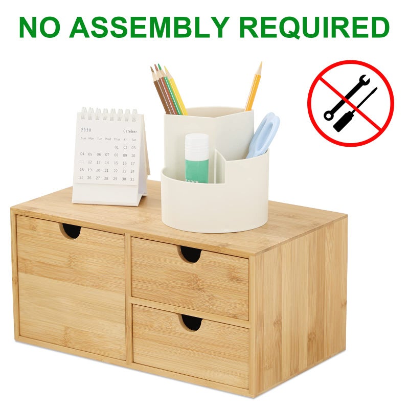 Wisuce Bamboo Desk Organizer - Mini Desktop Drawer Tabletop Storage Organization Box for Office Home Toiletries Supplies, No Assembly Required (3 Drawer with big drawer) - Image 3
